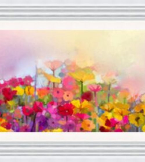 Colourful Field of Flowers with Pink Sky